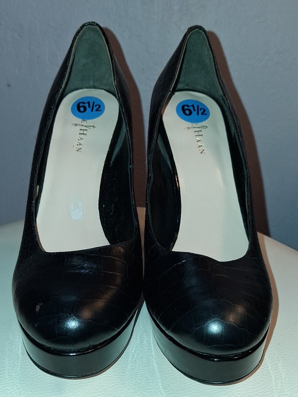 Cole Haan Black Croc-Texture Platform Pumps